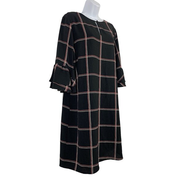 Ces Femme Womens Black & Pink Plaid Bell Sleeve Relaxed Fit Shift Dress Large - Picture 3 of 11